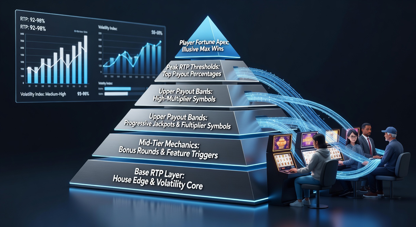 Detaillierte Infografik zur RTP-Verteilung in einer Slot-Pyramide, mit Balken für verschiedene Gewinnschichten und Prozentangaben