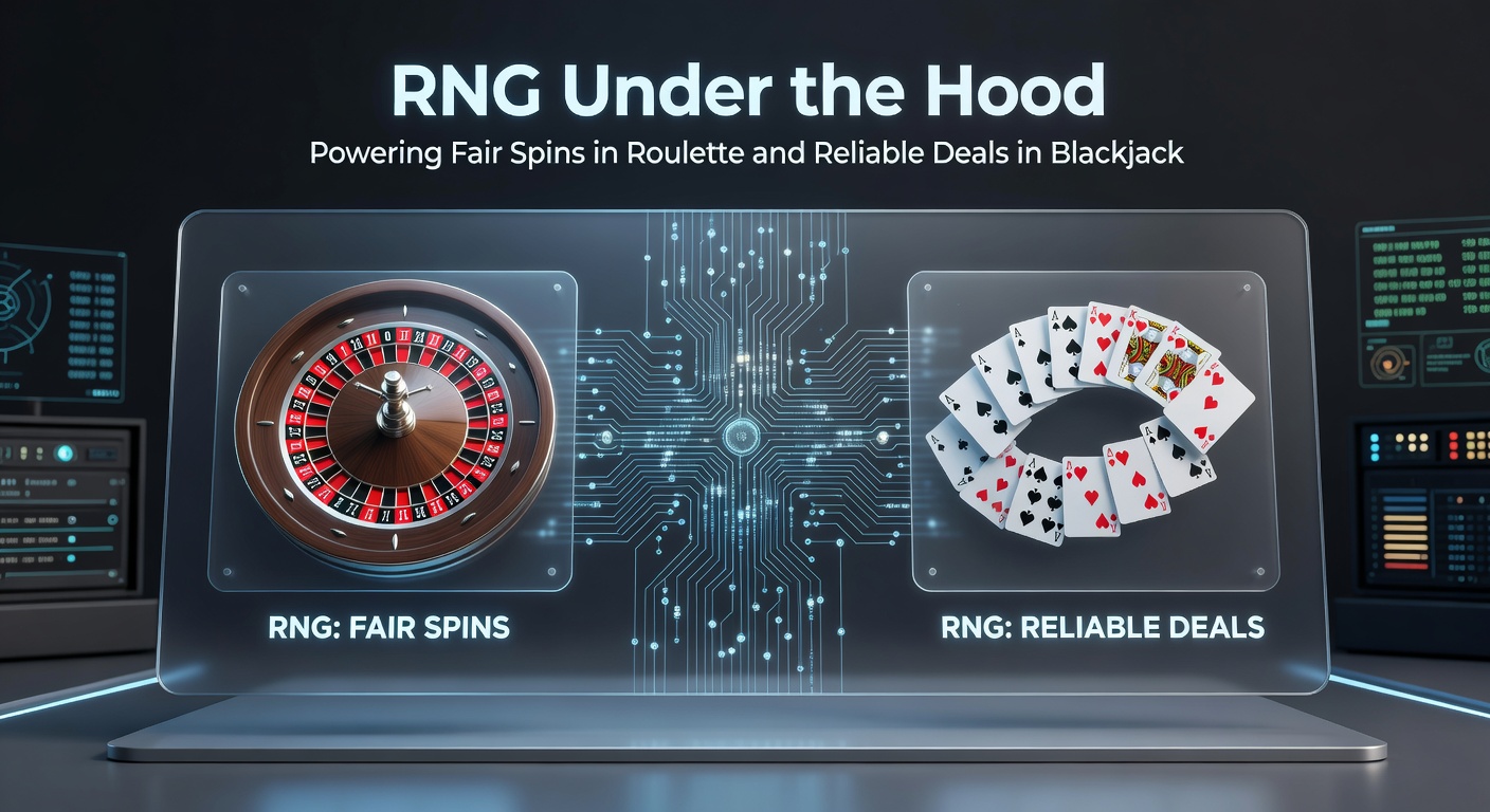Detaillierte Grafik eines Blackjack-Tisches mit hervorgehobenen Karten und RNG-Algorithmus im Hintergrund, der die Ziehsequenz illustriert