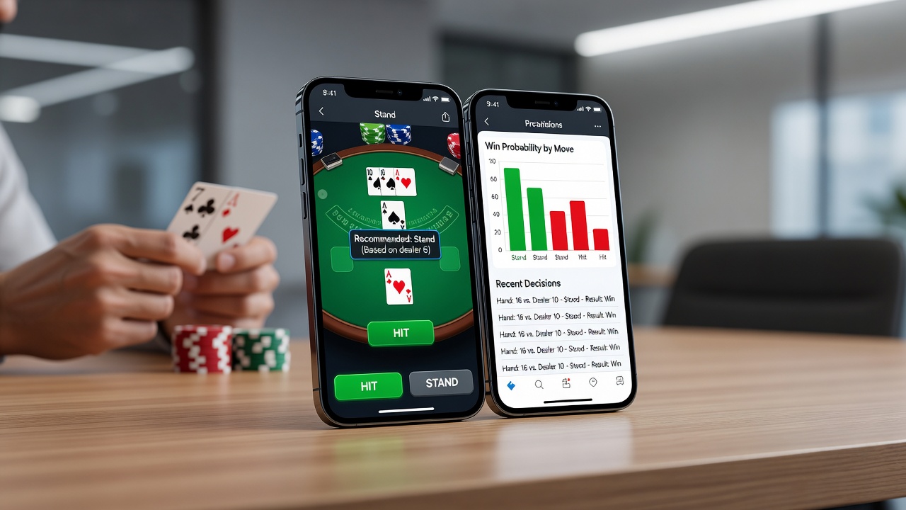 Detailansicht eines Blackjack-Layouts mit hervorgehobenen Aktionsbuttons auf Smartphone